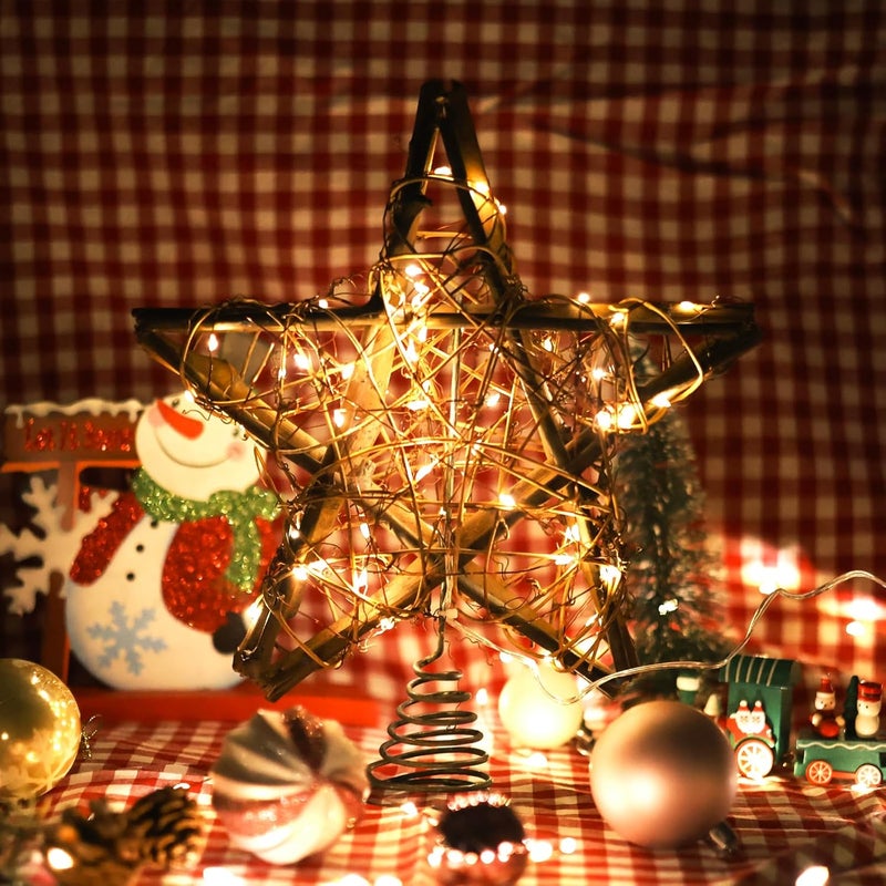 Joytry Christmas Tree Topper Star,Rattan Christmas Tree Topper with 50 LED Light,10 Inch Warm White Light Rustic Star for Christmas Tree Decoration Holiday Farmhouse Decor Battery & USB Powered - Image 2
